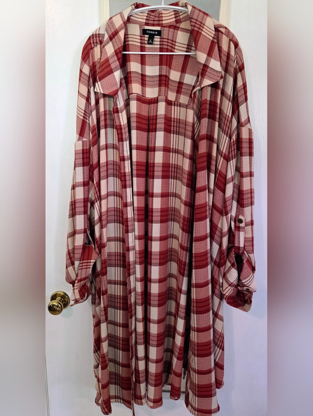Torrid Burnt Orange and Cream Plaid Open-Front Duster